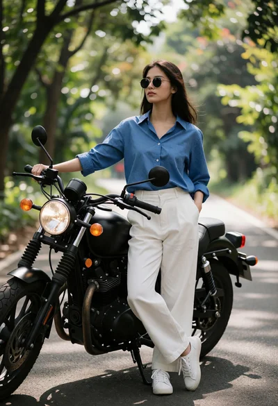 Young woman by black motorcycle on a treelined asphalt road