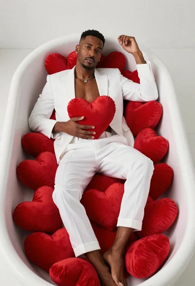 Black man lounging in white bathtub with heart pillows