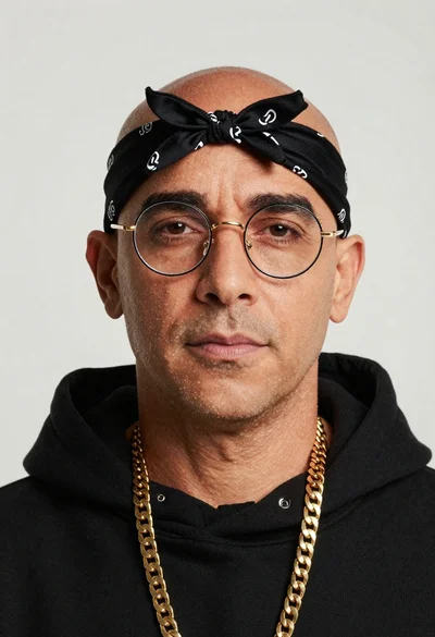 Closeup portrait of bald man with goldrimmed glasses and black satin bandana