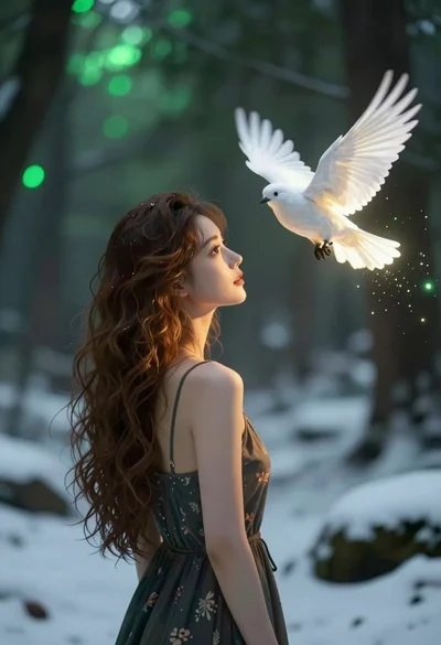 Young woman in profile viewing luminous white bird in mystical forest setting