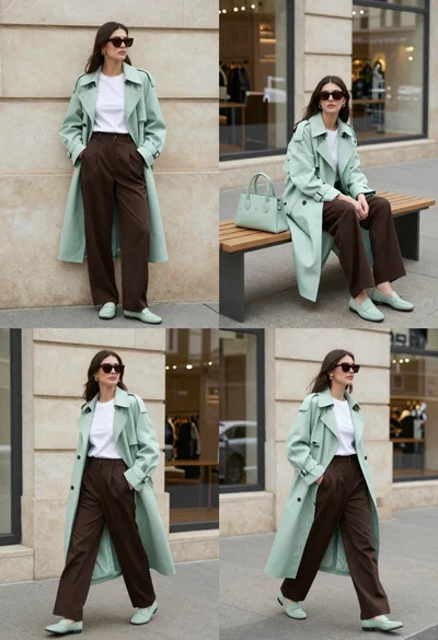 Woman modeling mint coat and brown trousers in city