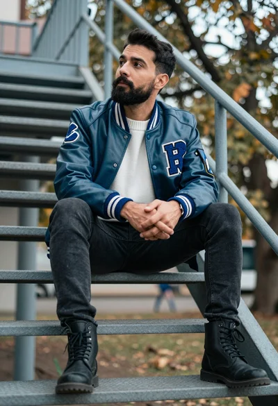 Man sitting on metal staircase looking up outdoors with blue varsity jacket