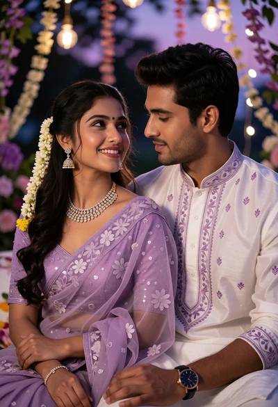 Romantic portrait of couple in traditional indian wedding attire outdoors