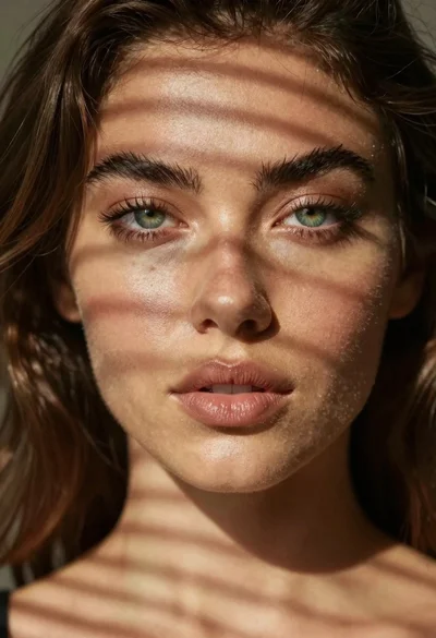 Close up portrait of woman with green eyes and striped shadows