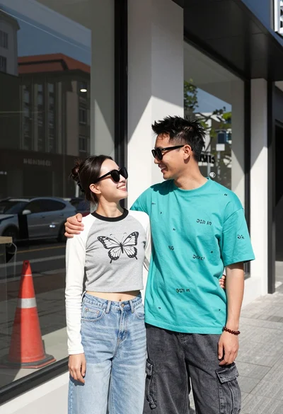 Smiling couple embracing by modern storefront on sunny day
