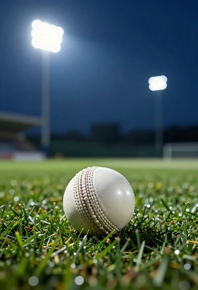 White cricket ball resting on lush green grass under bright stadium floodlights