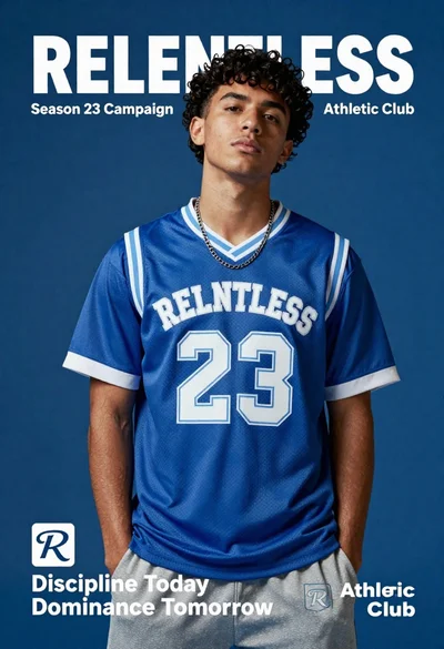 Confident young man in royal blue jersey standing against solid blue background