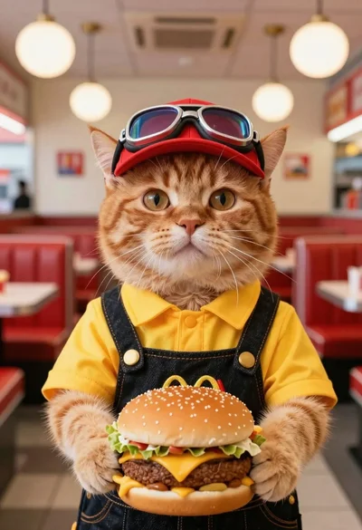 Ginger cat dressed as fast food worker holding cheeseburger