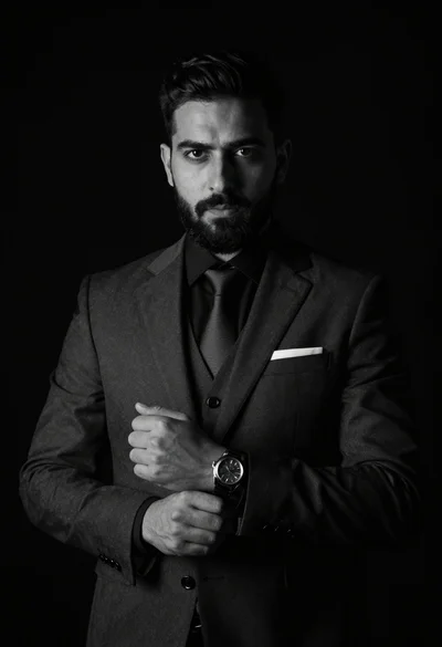 Medium close up portrait of man in dark suit against black void