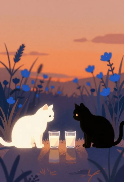 Two cats facing across reflective surface at dusk