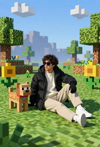 Young man in black puffer jacket sits on grass in minecraft style