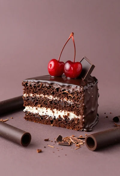 Square layered dark chocolate cake with white filling and red cherries