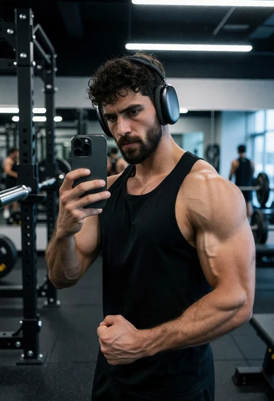 Muscular man taking mirror selfie in modern gym setting