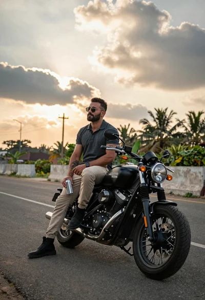 Muscular man on black motorcycle on open road at golden hour