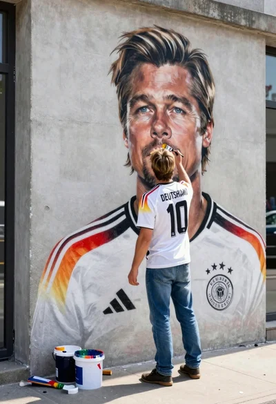 Man painting brad pitt mural on urban concrete wall from behind