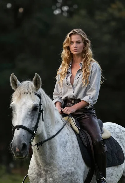 Woman riding horse in dark forest portrait