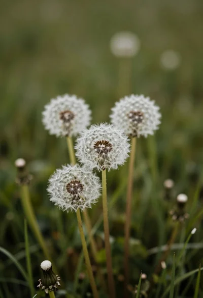 Close up of three fluffy white dandelion seed heads in a lush