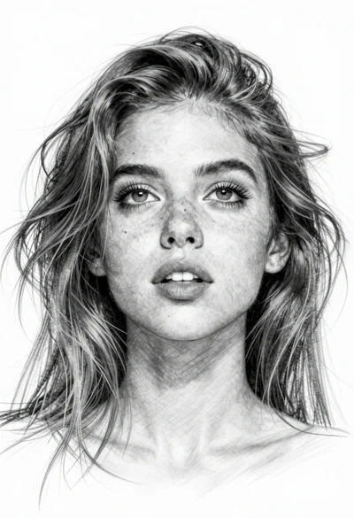 Pencil sketch portrait of young woman with wind swept hair