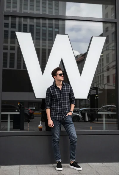 Stylish man leaning against modern glass building facade with white logo