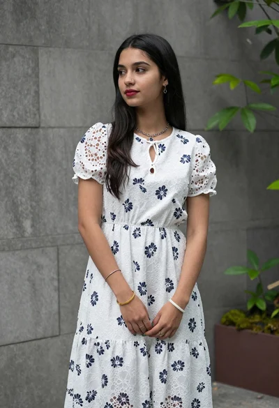 Young woman in white floral lace midi dress against grey stone wall