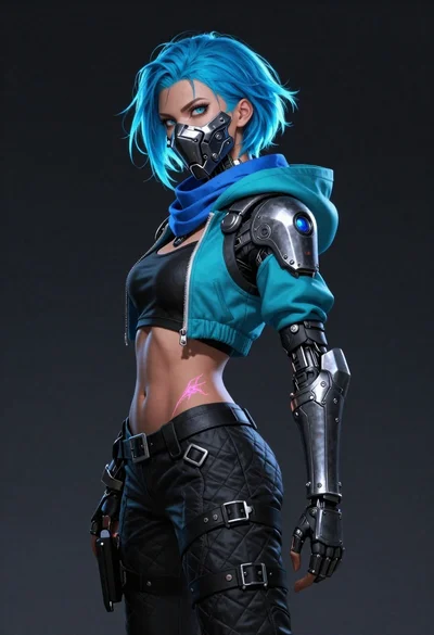 Bluehaired cyborg warrior in futuristic tactical gear