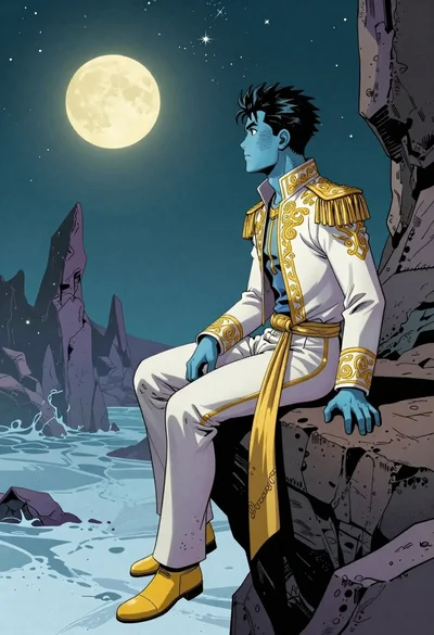 Blueskinned man on rocky outcrop under teal night sky