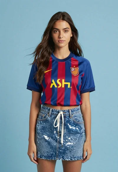 Young woman in striped jersey and sequined denim skirt studio portrait
