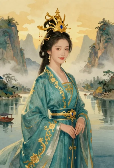 Elegant woman in teal hanfu against misty mountains