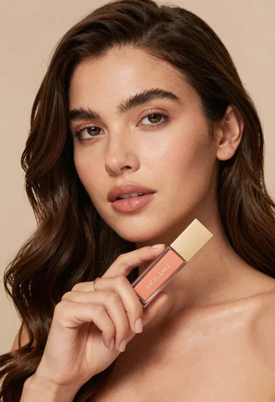 Woman holding cosmetic tube near face in closeup portrait shot