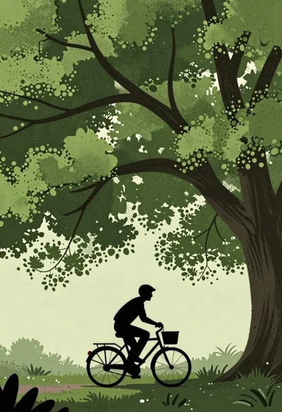 Silhouette on a bicycle under massive tree canopy
