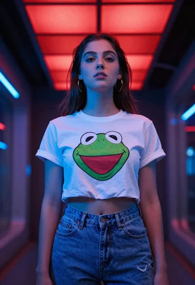 Young woman in futuristic corridor with neon lights