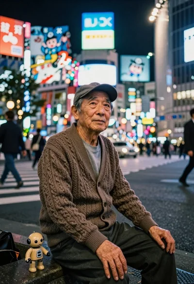 Elderly man on curb in bustling tokyo street at night