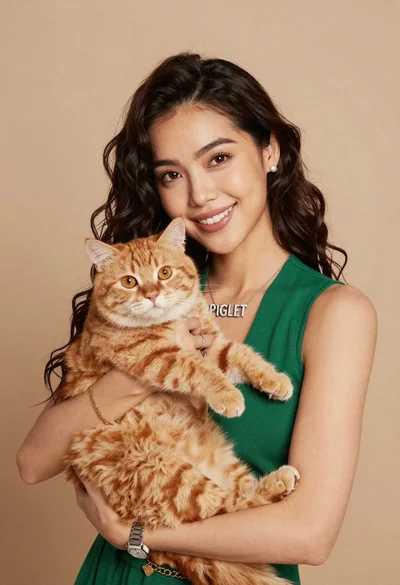 Smiling woman holding fluffy ginger cat against a neutral beige studio background