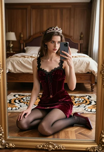 Young woman taking mirror selfie in luxurious bedroom setting