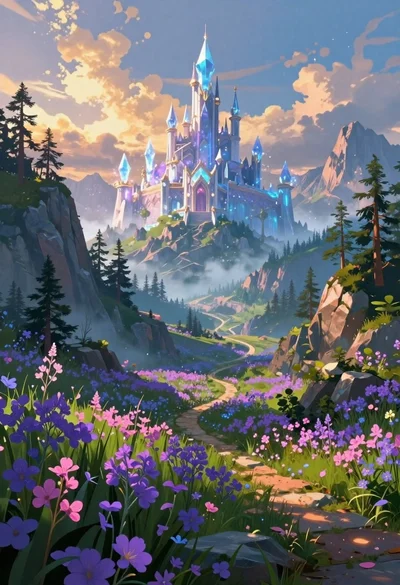 Crystalline castle on a mountain peak in fantasy landscape