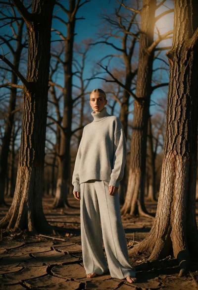Blonde woman in grey sweater standing in sparse forest woodland setting