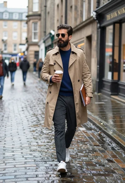 Stylish man walking on wet cobblestone street in historic city setting