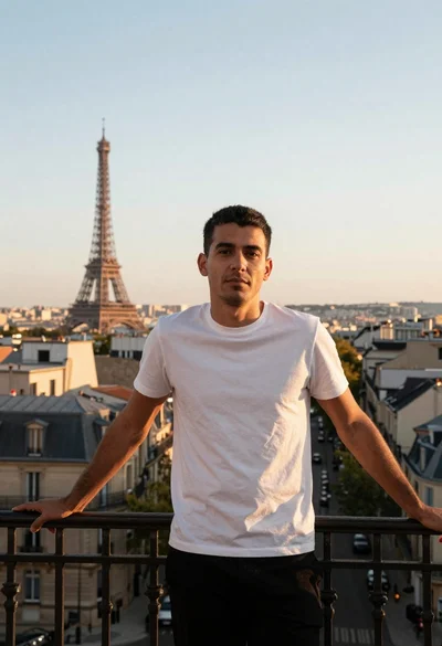 Man leaning on balcony overlooking paris at sunset