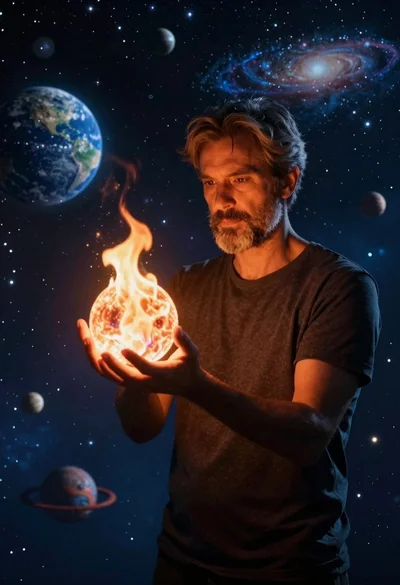 Man holding glowing orb against starry cosmic backdrop