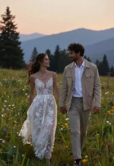 Romantic couple in wedding dress and suede jacket walking through grassy meadow