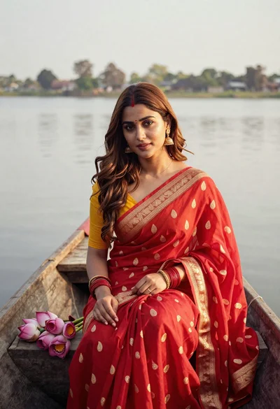 Young woman in red saree sitting in wooden boat on calm water