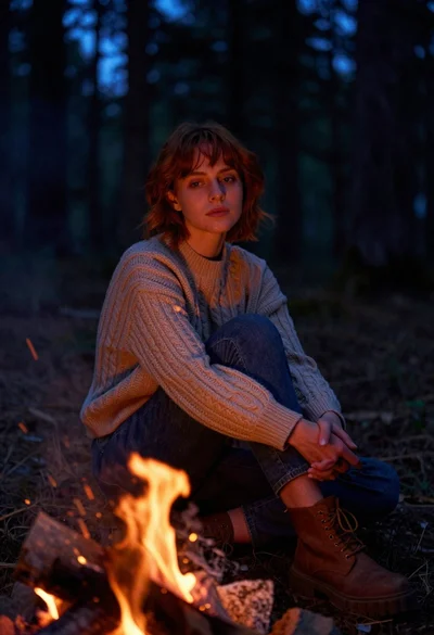 Young woman in beige sweater by campfire in dark forest at twilight