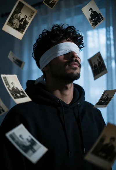 Young man in white blindfold surrounded by floating vintage photographs indoors
