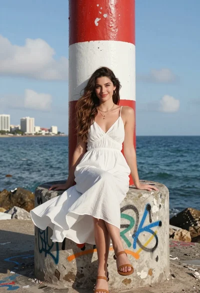 Young woman in white slip dress sitting on graffiti covered concrete pillar
