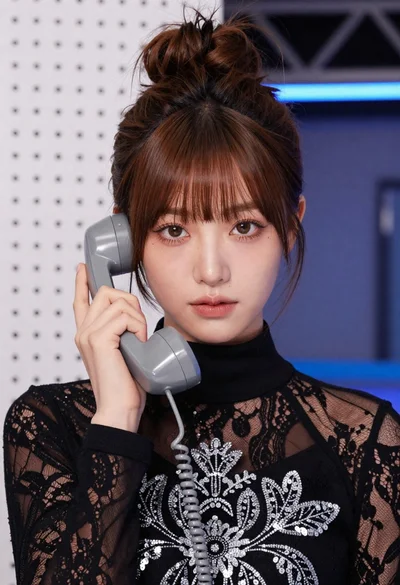 Close up portrait of young woman with brown hair holding vintage telephone