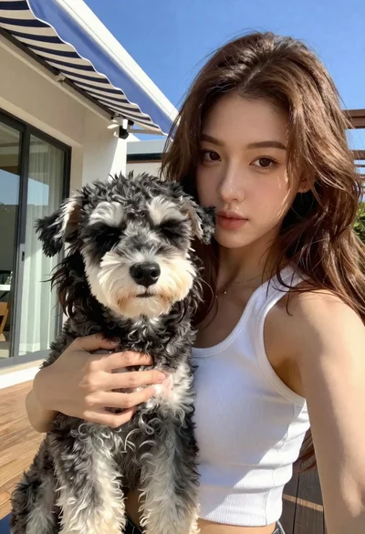 Young woman holding fluffy dog in white top on wooden patio
