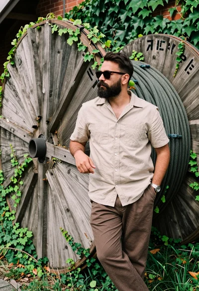 Man leaning on wooden cable reel covered in vines outdoors at eye