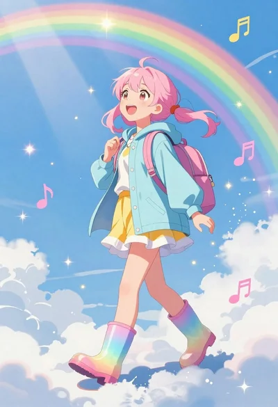 Anime girl walking on clouds under a rainbow sky