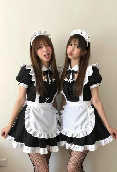 Two young women in matching maid outfits posing playfully indoors