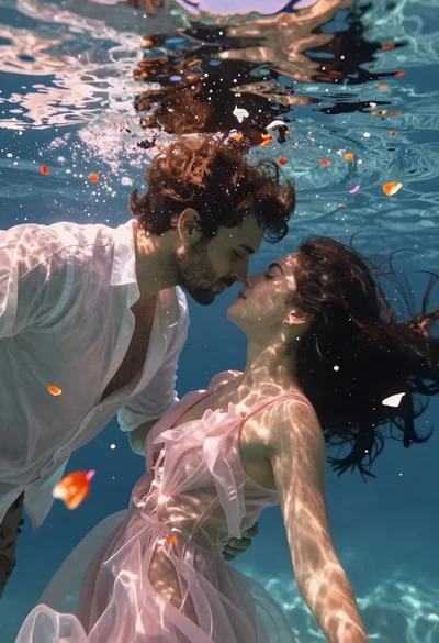Man and woman embracing underwater with floating petals and sunlight